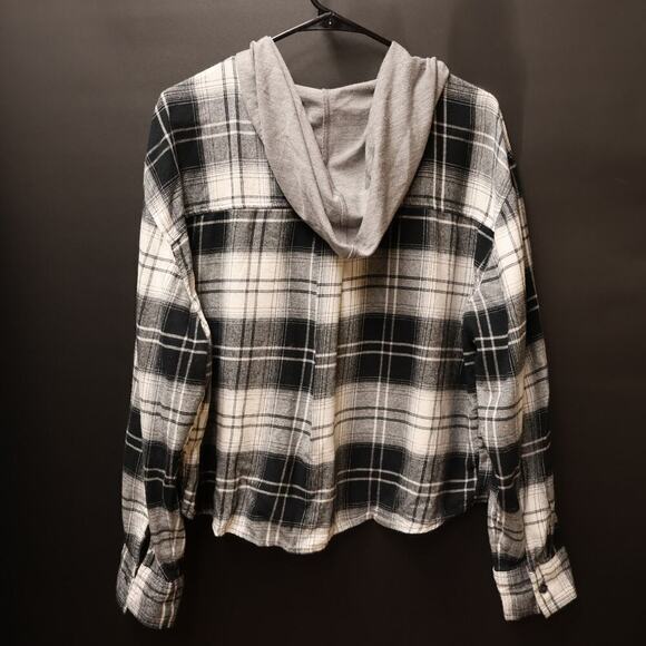 SO Cropped Shacket Hoodie Button Front Black White Check Tie Front - Picture 3 of 10